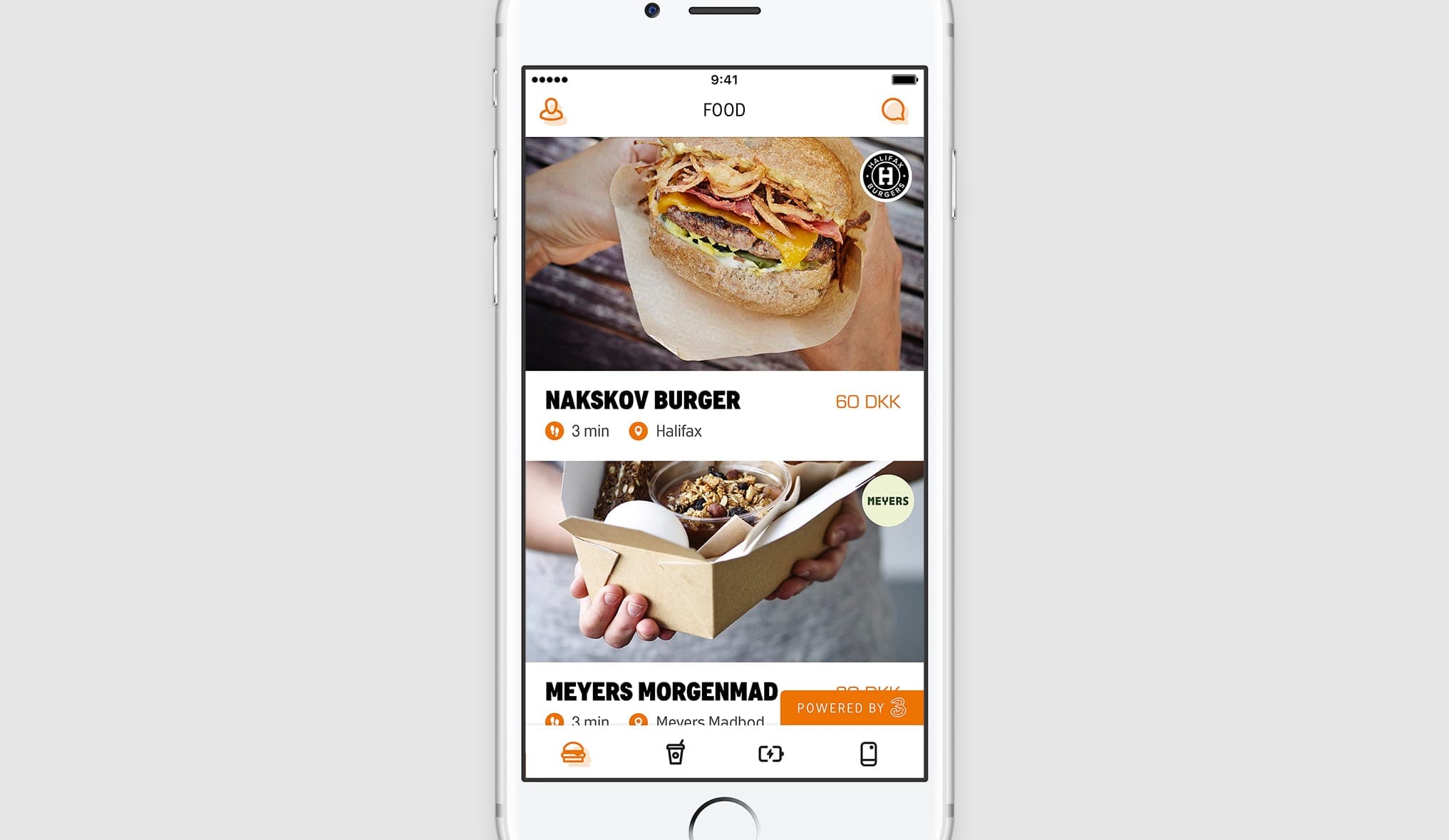 Roskilde Fast Track — FOOD menu with vendor cards, walk time, and DKK pricing