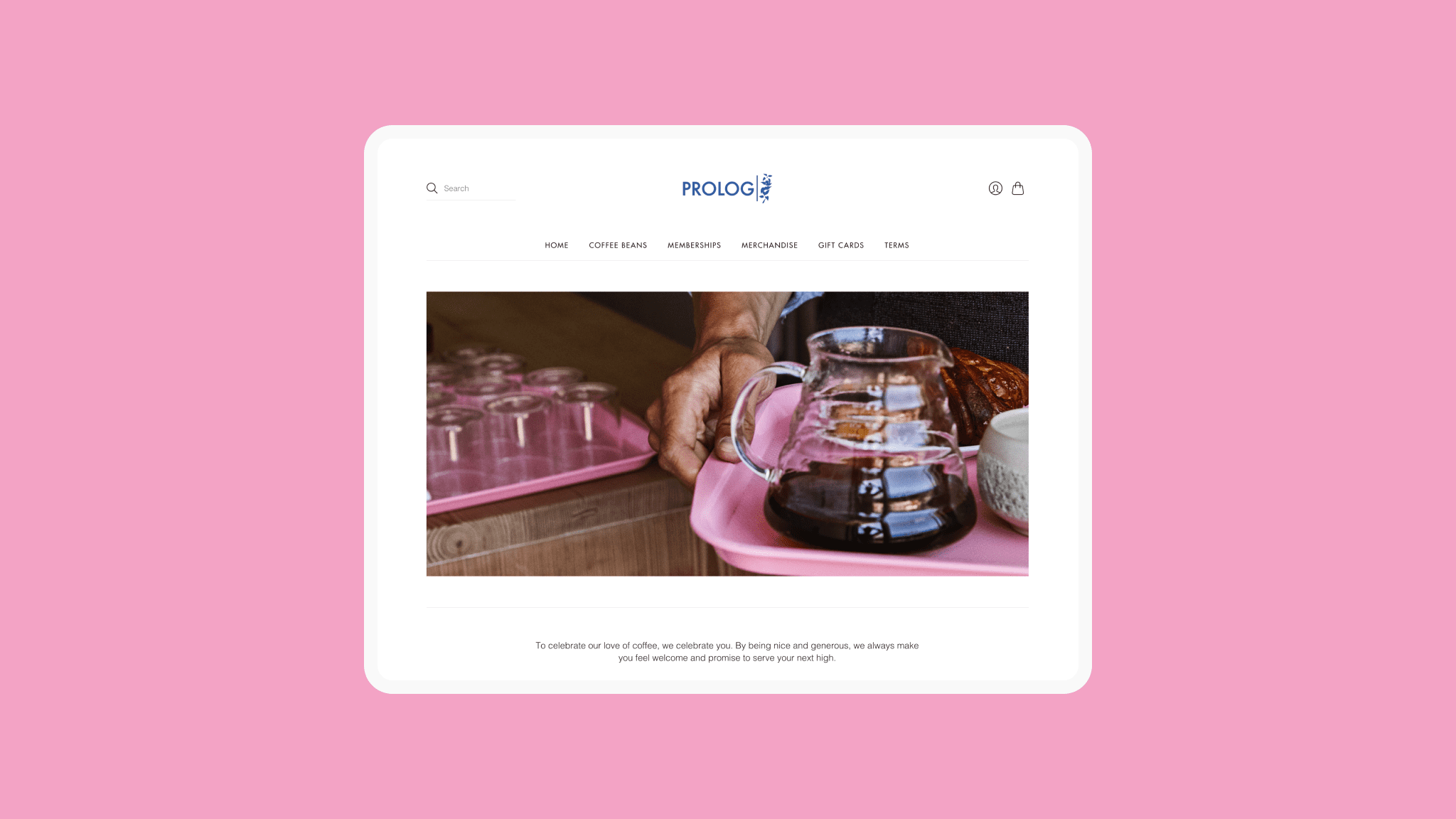 Prolog — homepage with hero, navigation, and welcome copy