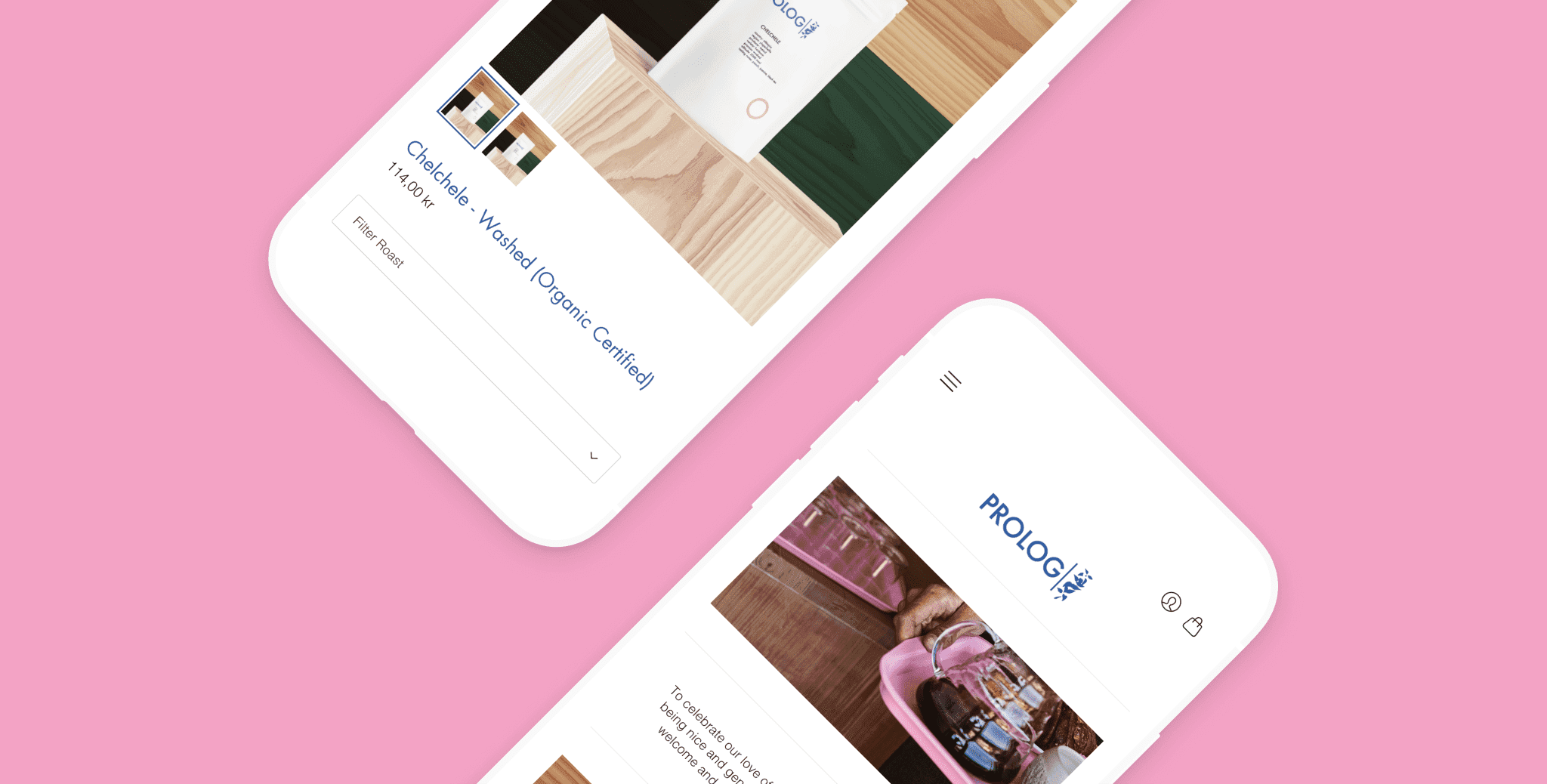 Prolog — mobile product detail and editorial screens on pink