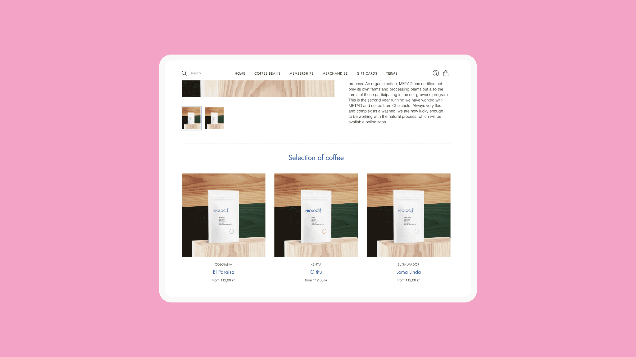 Prolog — shop product detail and selection of coffee grid