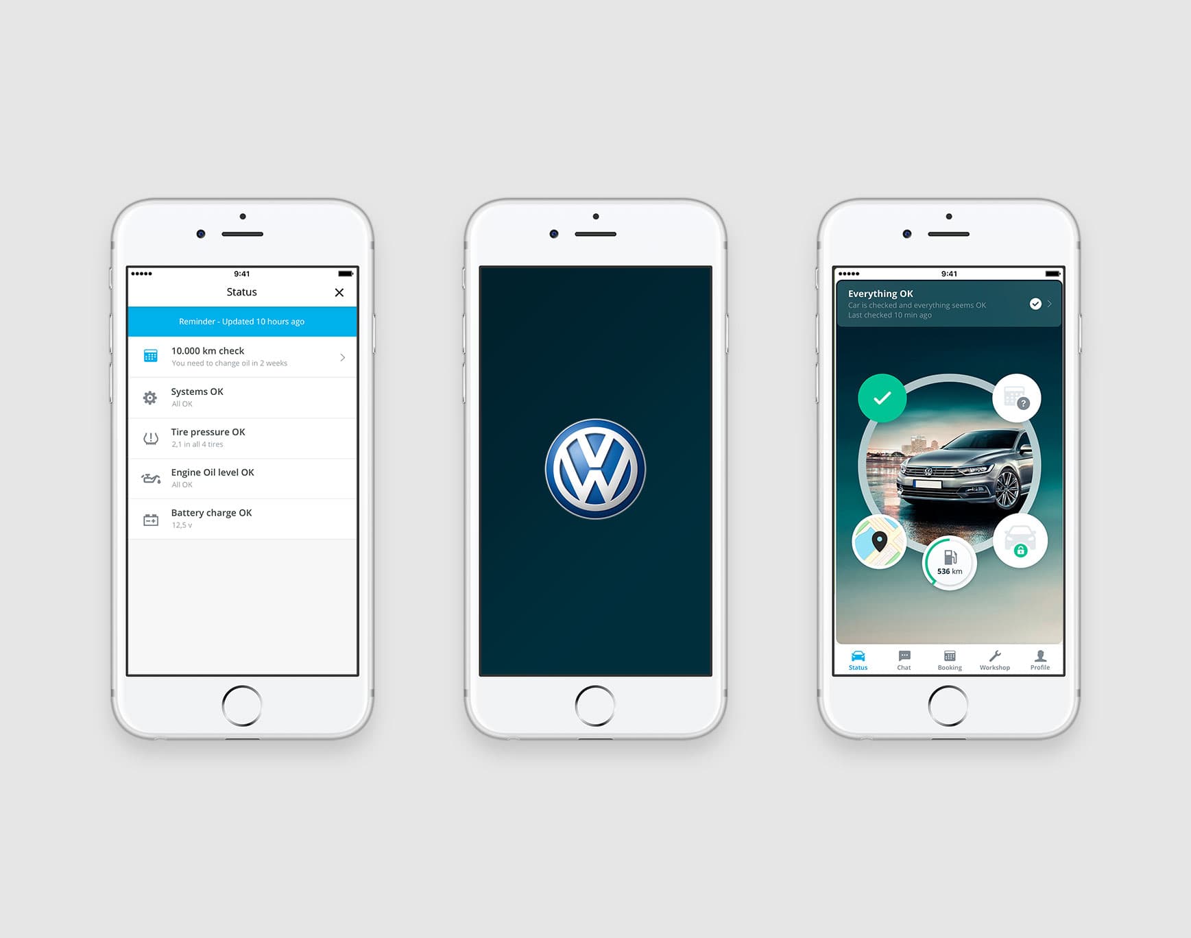 Volkswagen app — three phones showing status list, splash, and dashboard