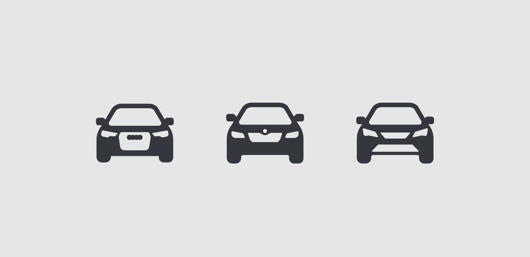 Volkswagen Group — minimalist front-view car icons for Audi, Škoda, and VW