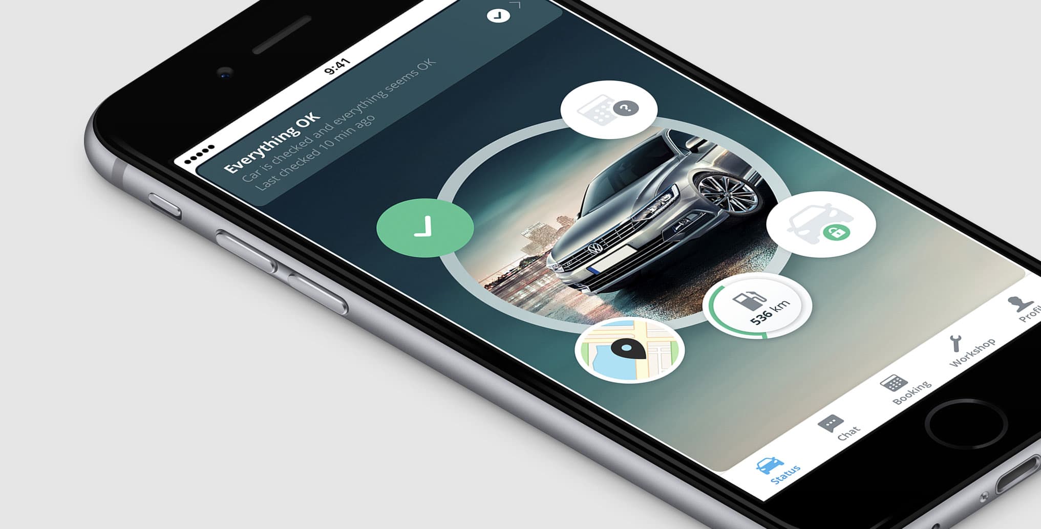 Volkswagen app — status hub with circular car photo and satellite controls
