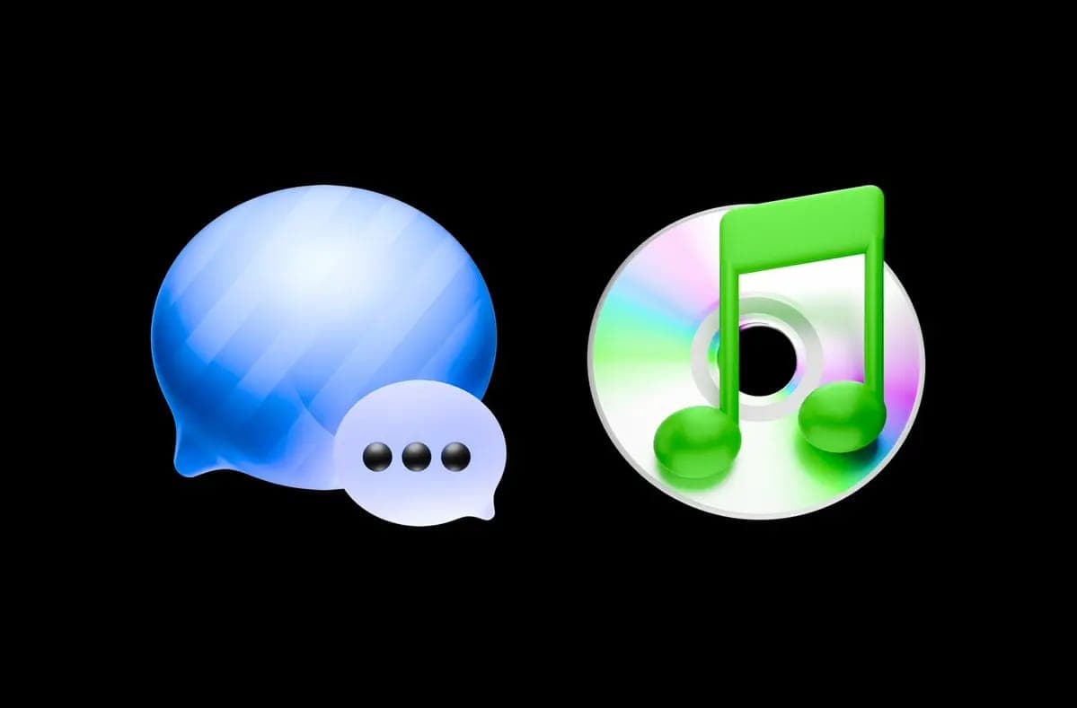 3D Mac OS X–style icons: a glossy blue Messages chat bubble and a music note on a disc, Aqua skeuomorphism on a black background