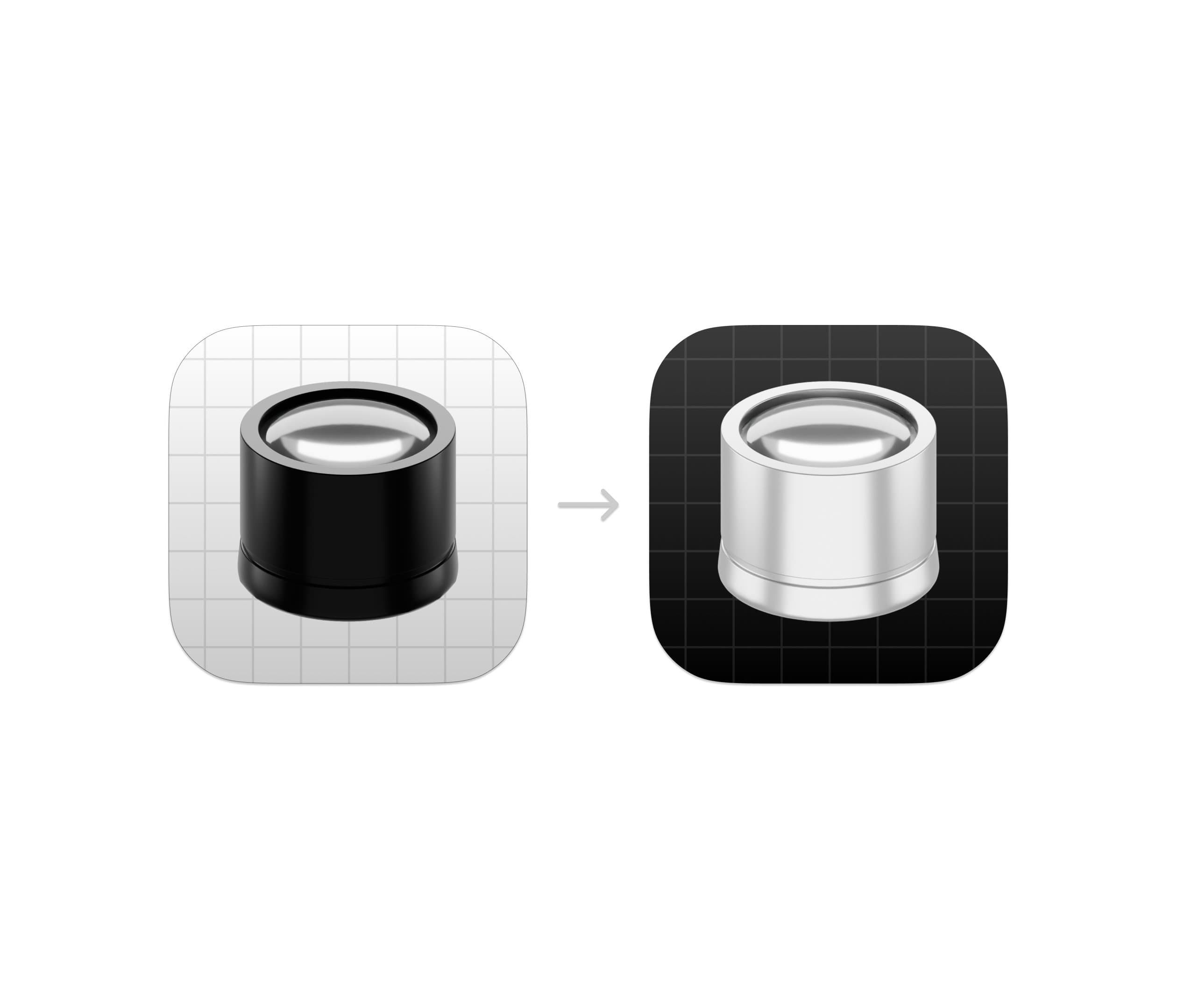Two matching app icons side by side: the same cylindrical object on a light grid reads smaller than on a dark grid where the brighter subject pops forward