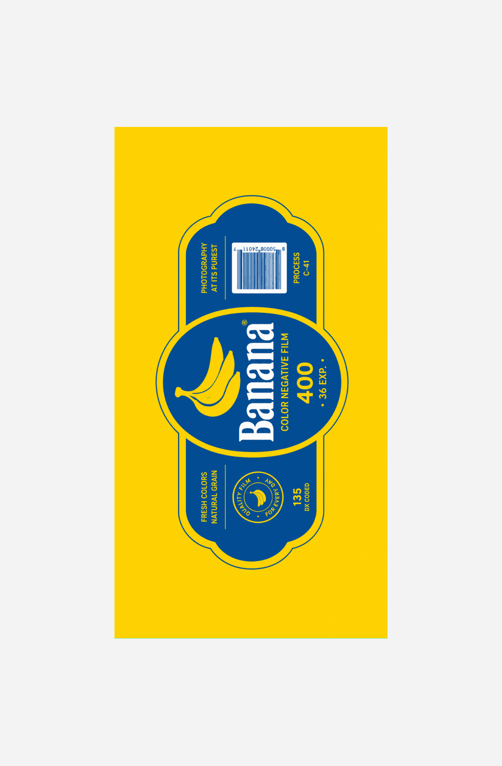 A flat Banana film label PNG with a yellow wrap, a blue badge, a banana illustration, and the words COLOR NEGATIVE FILM 400.